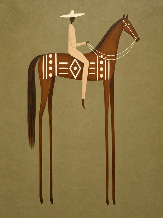 Terracotta Standard full artwork. A rider in cream carries a long horizontal spear above a terracotta horse with bold ivory geometric decoration.