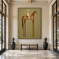 Terracotta Standard artwork displayed above a low console in a tall bright entryway.