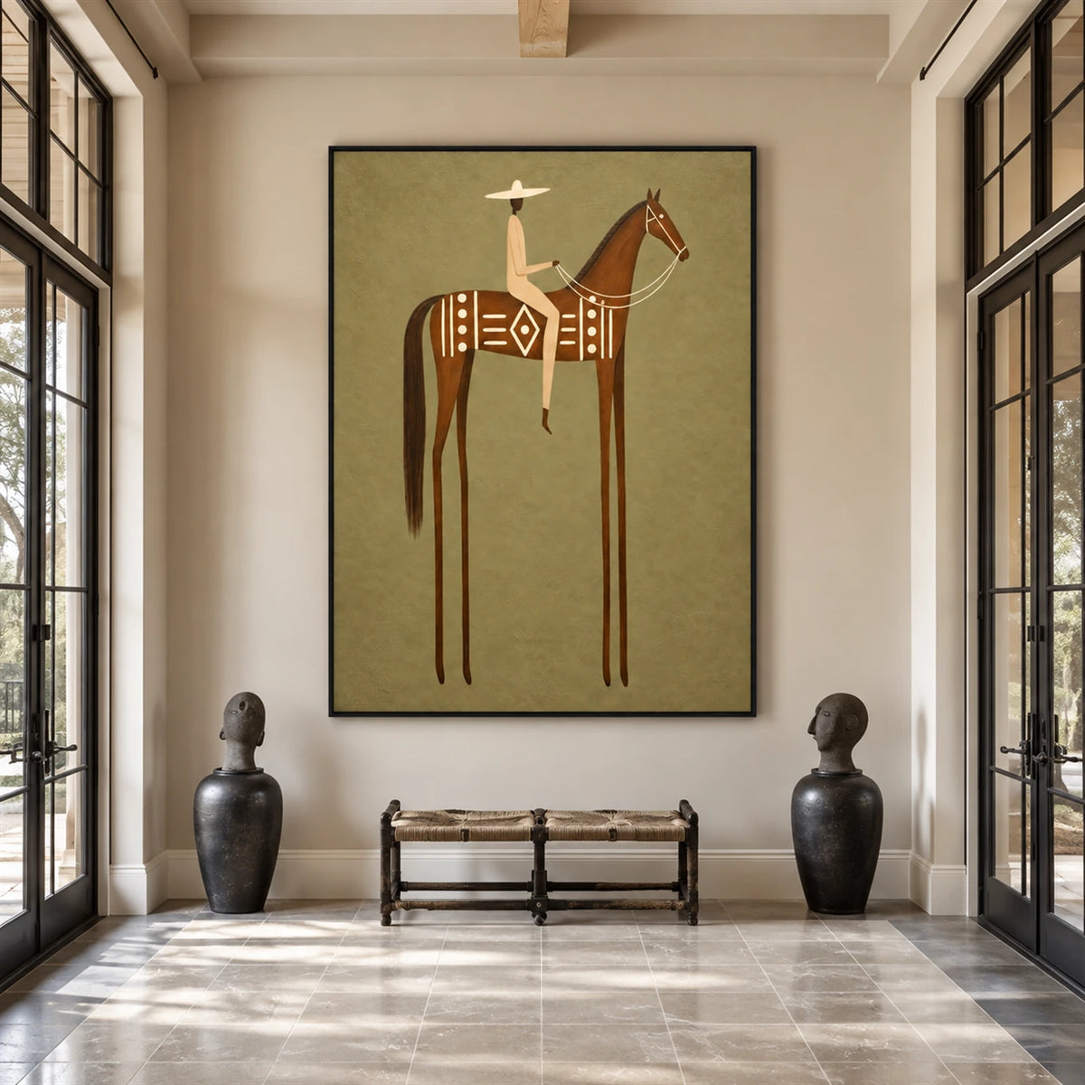 Terracotta Standard artwork displayed above a low console in a tall bright entryway.