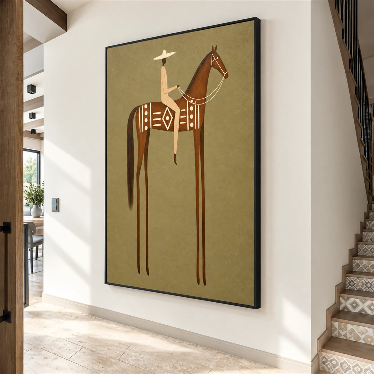 Terracotta Standard artwork displayed beside a staircase in a sunlit hallway.