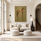 Terracotta Standard artwork displayed above curved seating in a pale classical room.