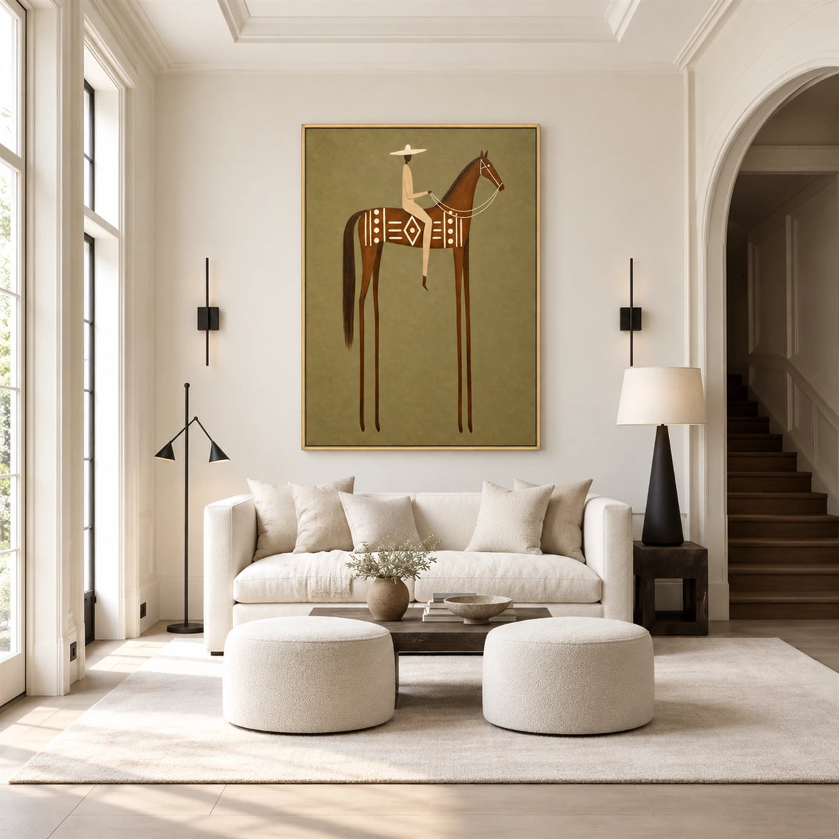 Terracotta Standard artwork displayed above curved seating in a pale classical room.