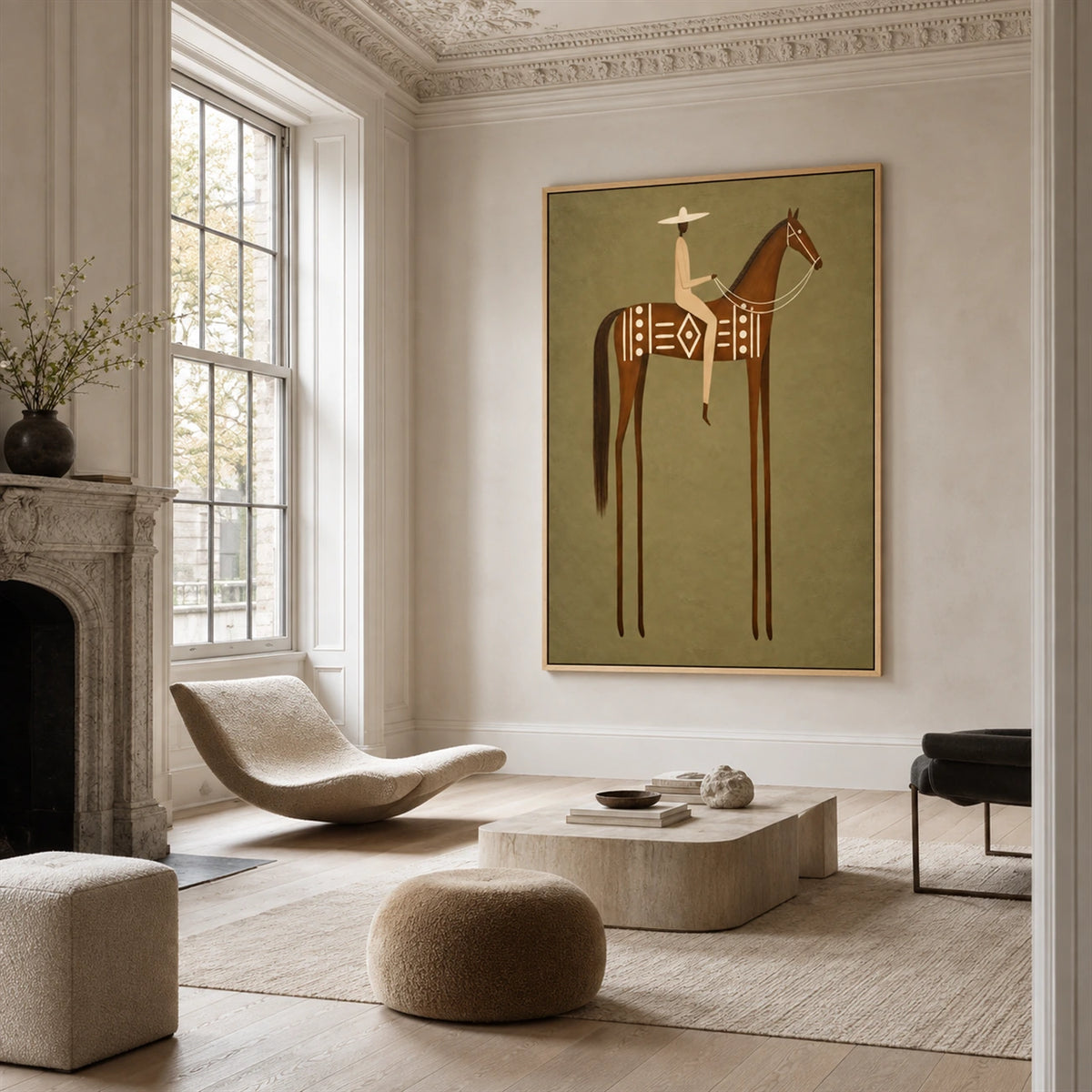 Terracotta Standard artwork displayed above low rounded seating beside tall windows.