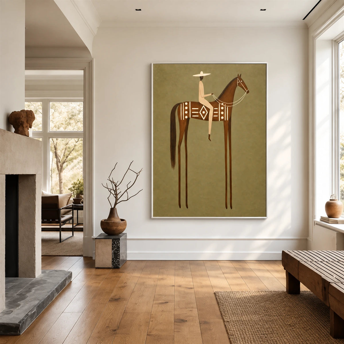 Terracotta Standard artwork displayed above a wooden sideboard beside bright windows.