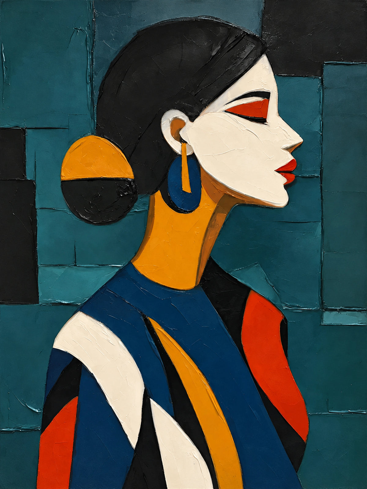 Teal Muse full artwork. A poised profile emerges through angular blocks of teal, navy, cream, and warm ochre.
