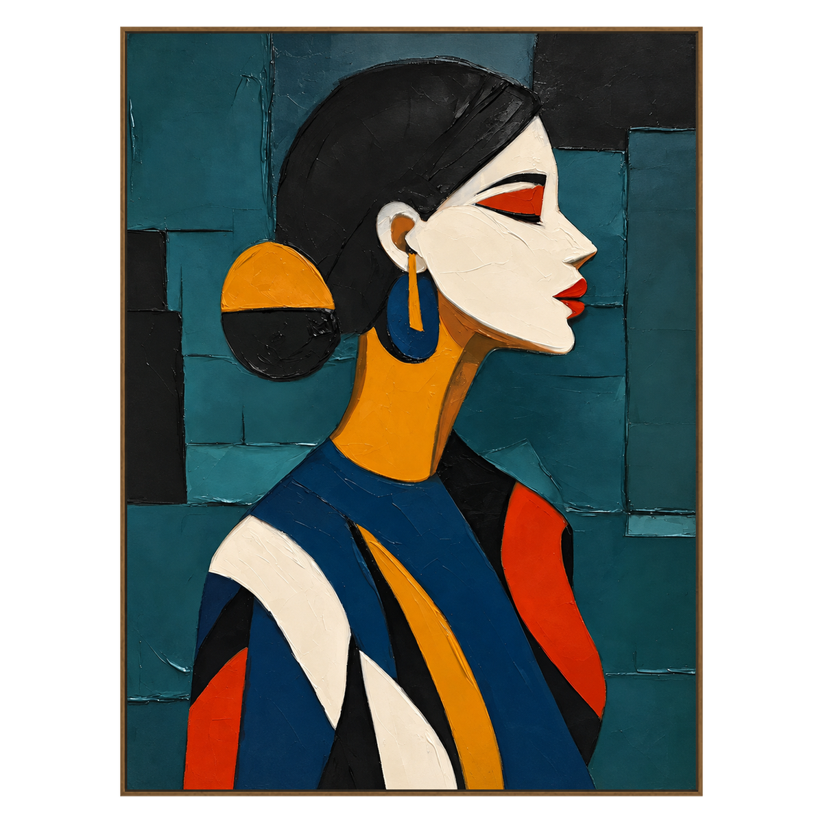 Teal Muse artwork in a natural wood frame on a transparent background.