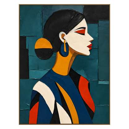 Teal Muse artwork in a natural wood frame on a transparent background.