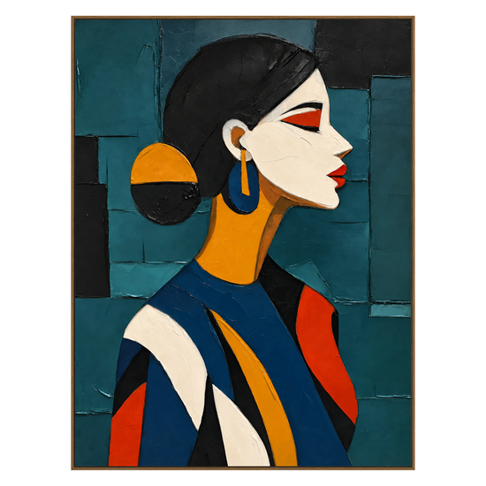 Teal Muse artwork in a natural wood frame on a transparent background.
