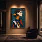 Teal Muse artwork displayed in a softly lit lounge beside a dark armchair.