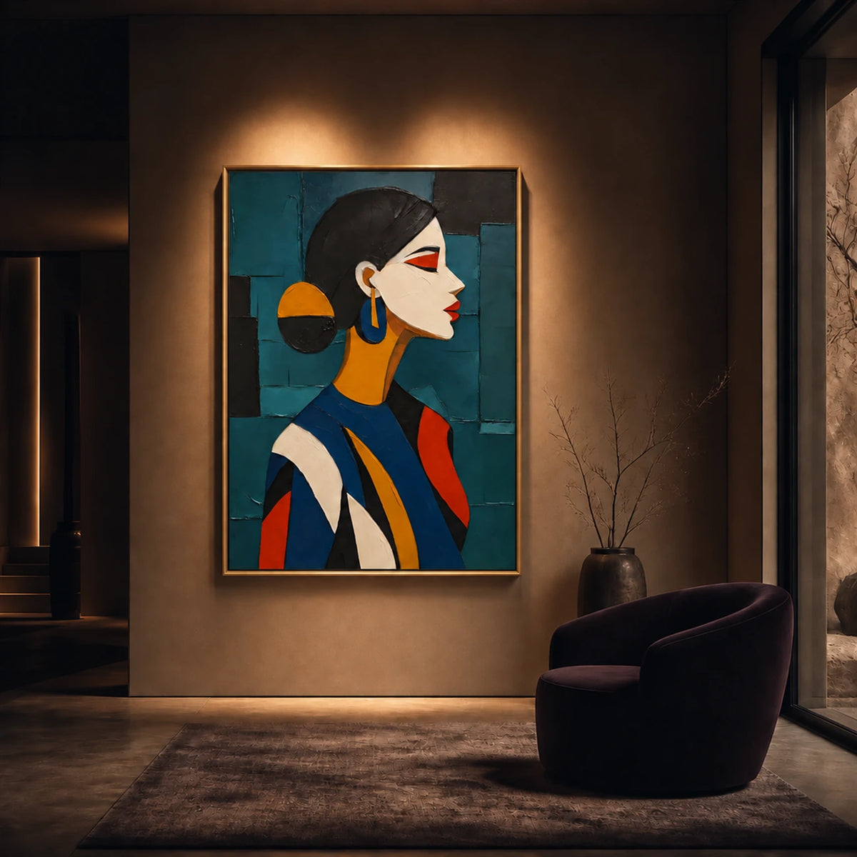 Teal Muse artwork displayed in a softly lit lounge beside a dark armchair.