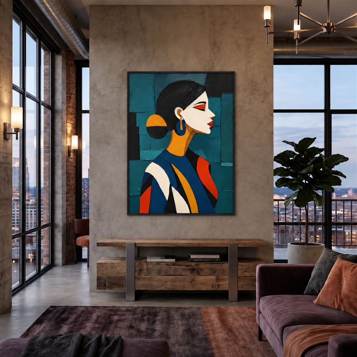 Teal Muse artwork displayed above a wooden console beside tall windows.