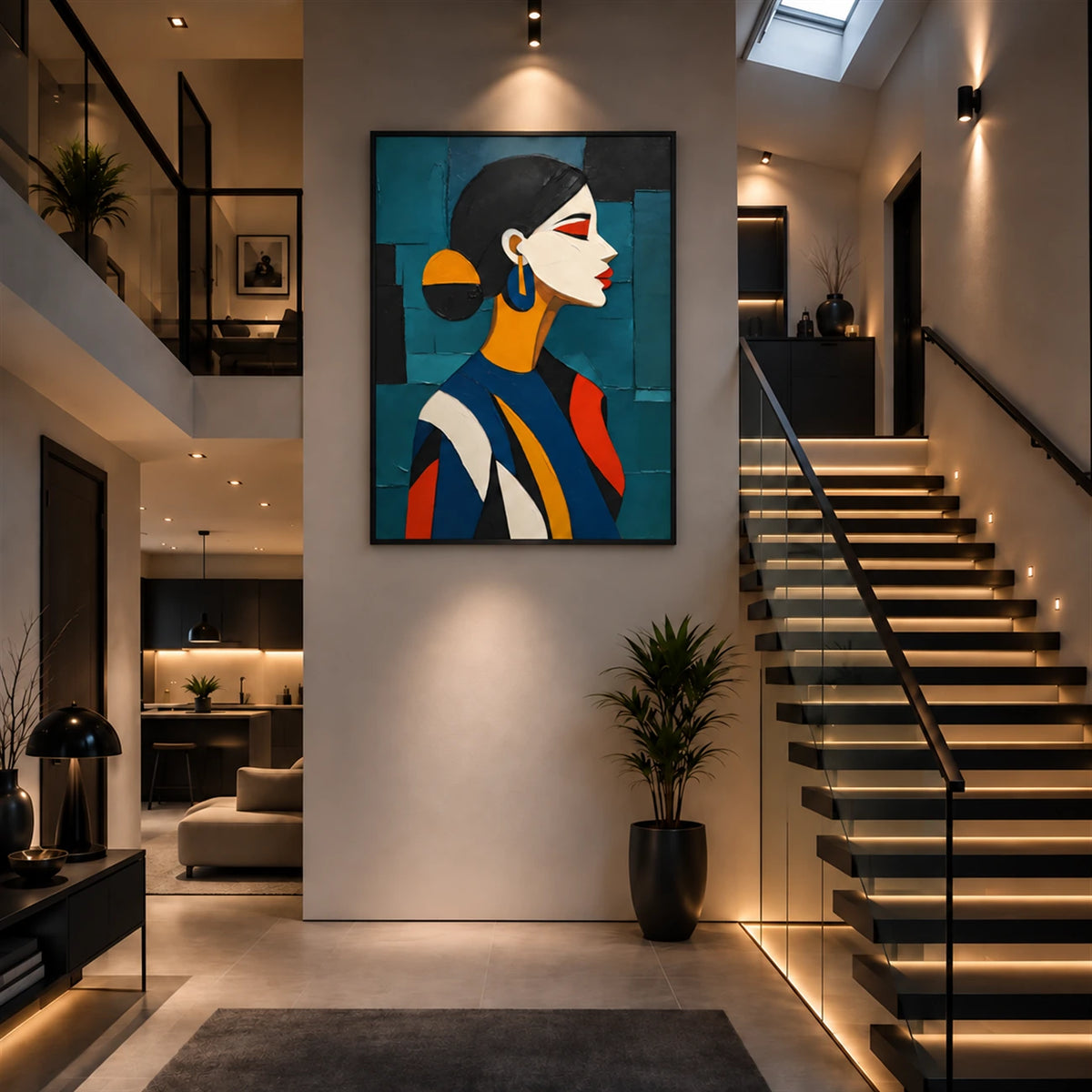 Teal Muse artwork displayed beside an open staircase in a tall foyer.
