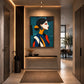 Teal Muse artwork displayed above a console in a warm entryway.