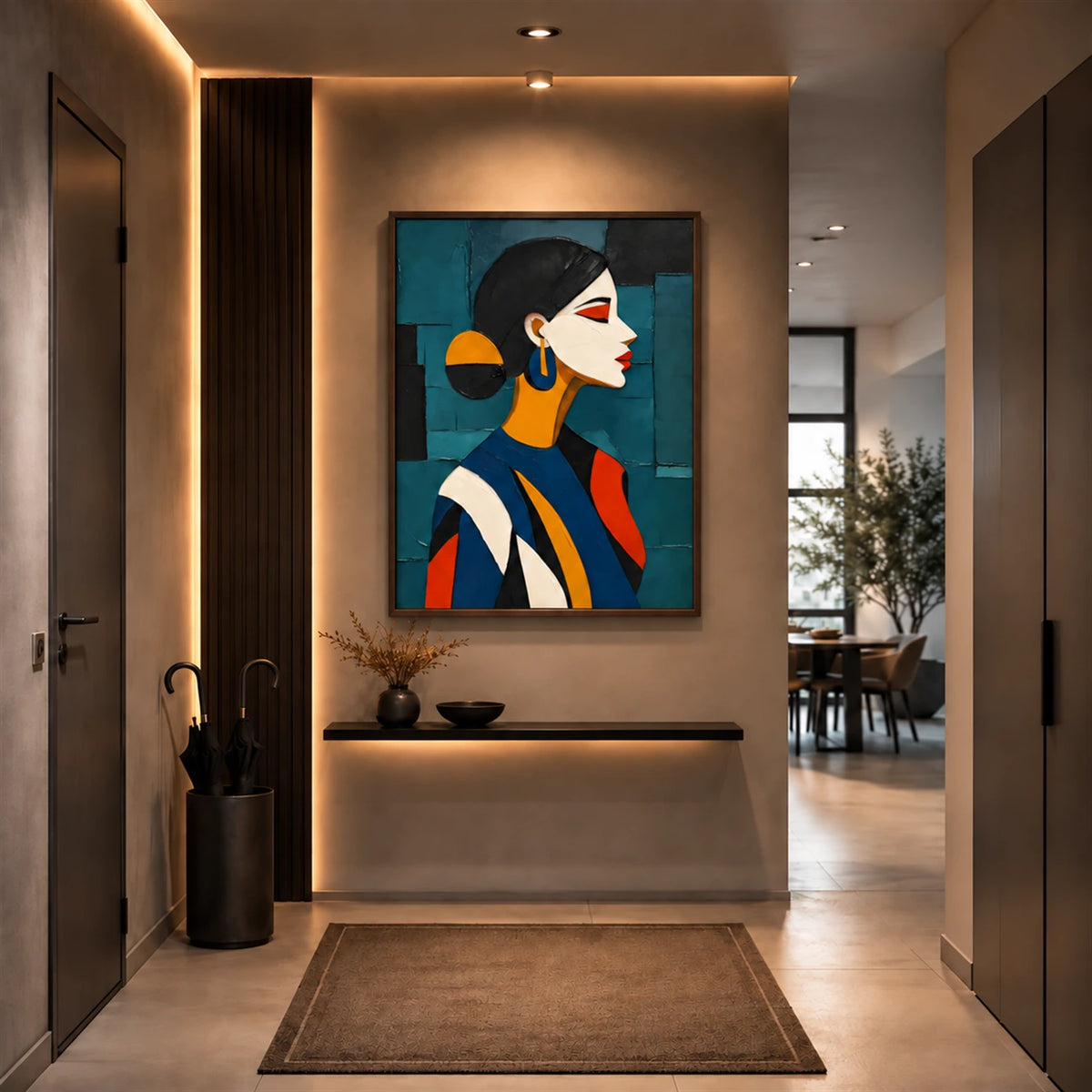 Teal Muse artwork displayed above a console in a warm entryway.