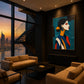 Teal Muse artwork displayed in a dark city-view living room.
