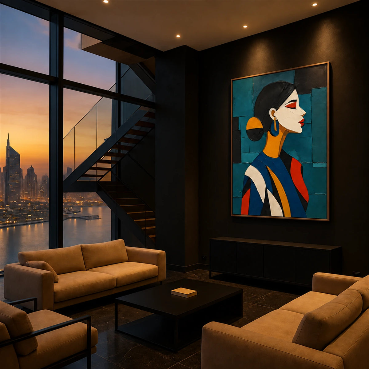 Teal Muse artwork displayed in a dark city-view living room.
