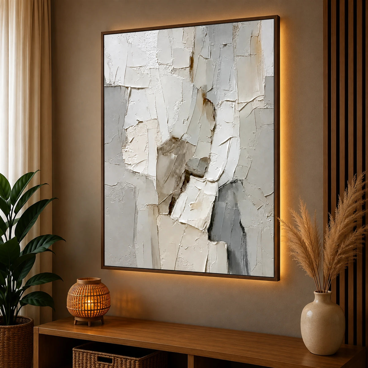 Ivory Rift artwork displayed above a wooden console beside a window.