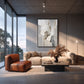 Ivory Rift artwork displayed in a contemporary lounge with orange and cream seating.