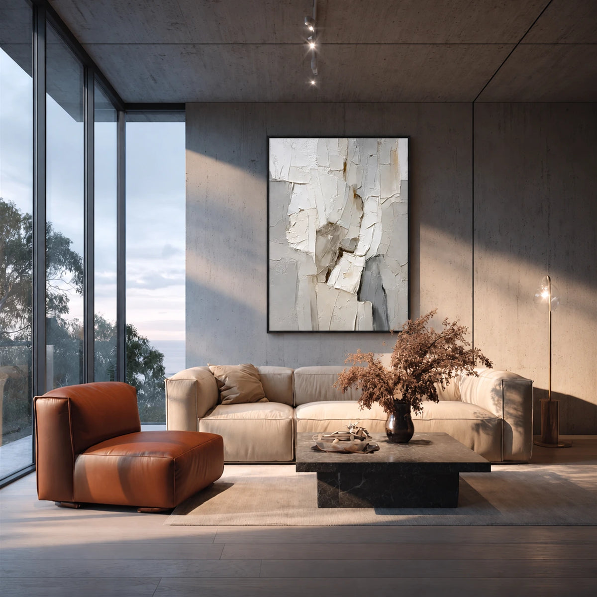 Ivory Rift artwork displayed in a contemporary lounge with orange and cream seating.