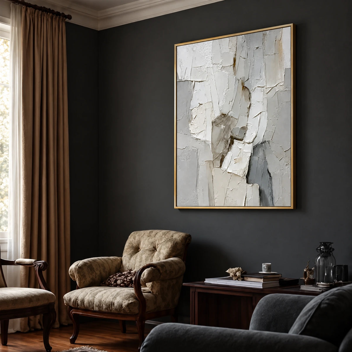 Ivory Rift artwork displayed above an armchair against a charcoal wall.
