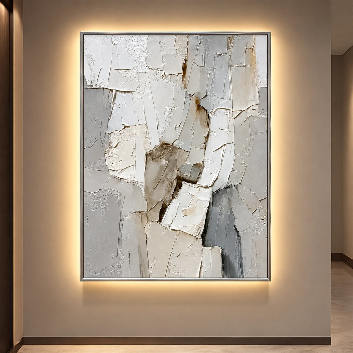Ivory Rift artwork displayed on a softly illuminated hallway wall.