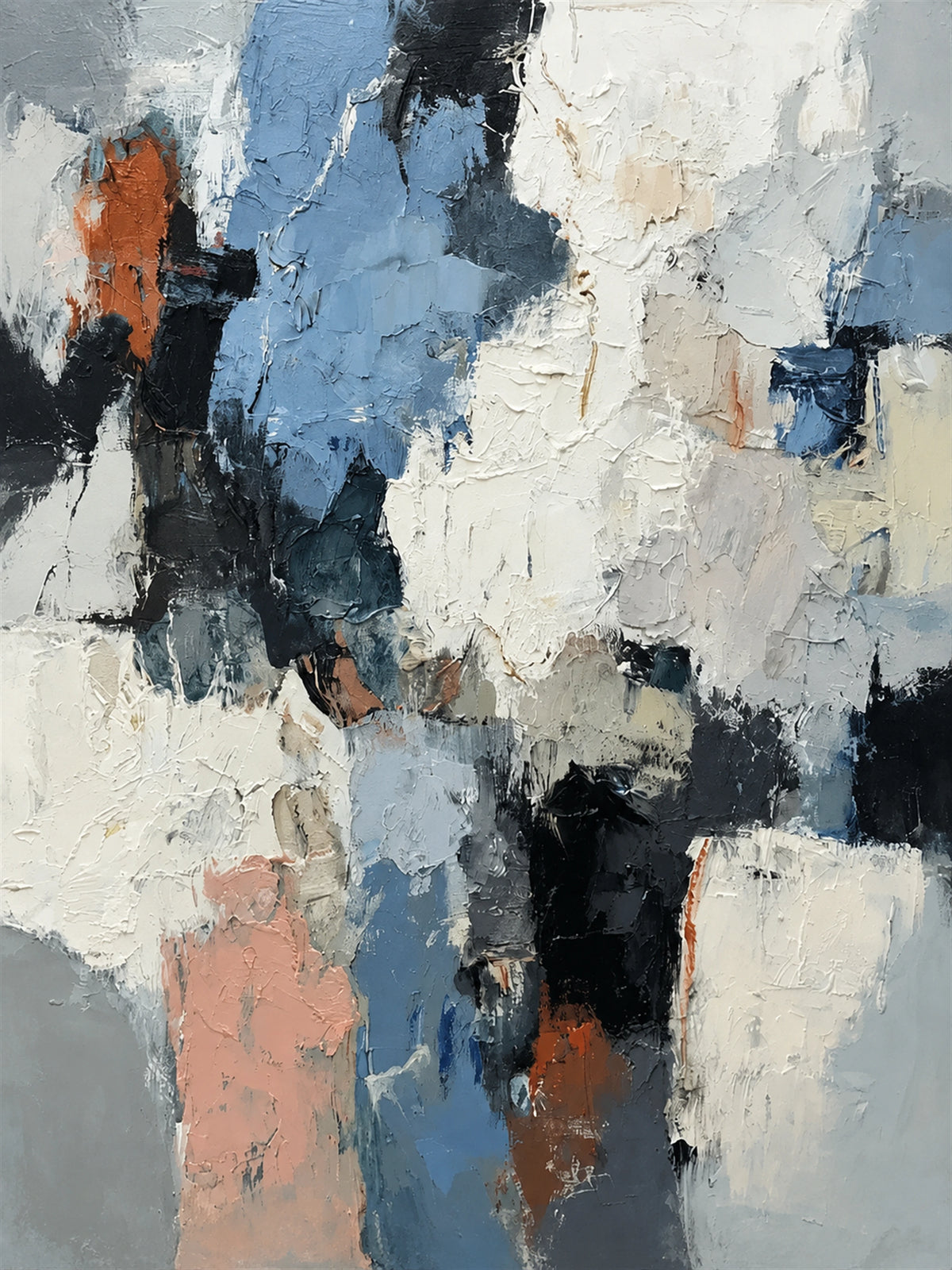 Slate Fragments full artwork. Broken fields of slate blue, charcoal, and creamy white gather around small accents of rust and blush.