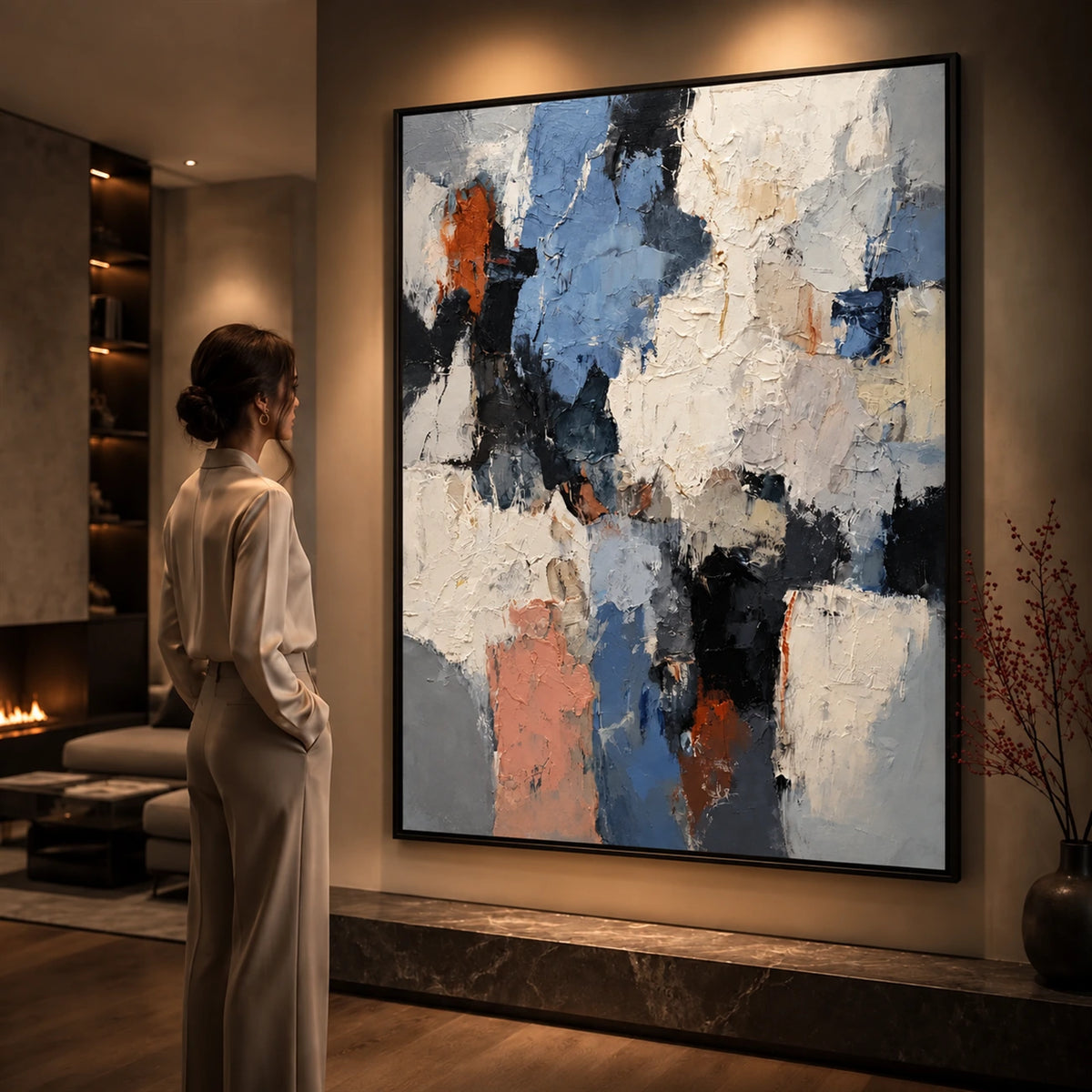 Slate Fragments artwork displayed on a gallery wall beside a viewer.