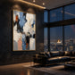 Slate Fragments artwork displayed beside city-view windows in a dark lounge.