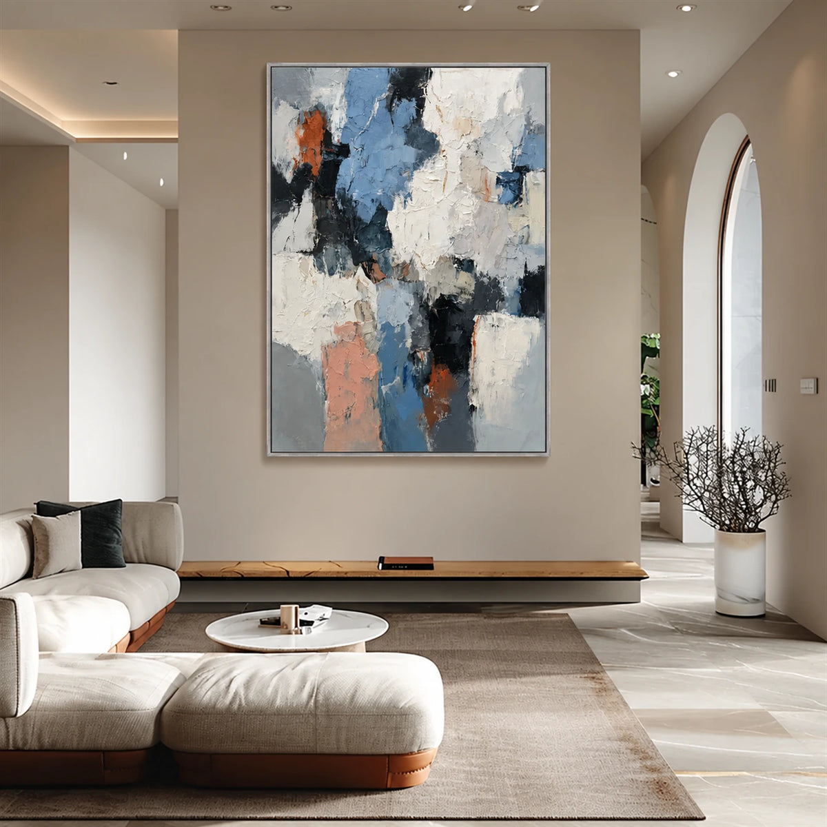 Slate Fragments artwork displayed in a bright living room beside arched windows.