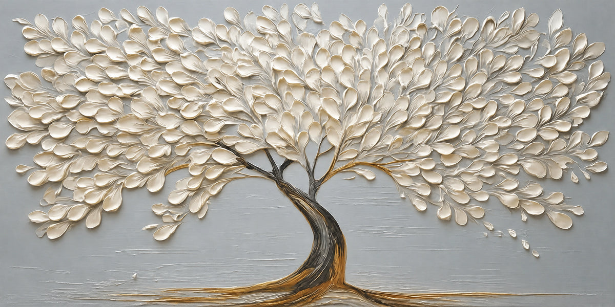 Ivory Arbor full artwork. A sweeping canopy of ivory leaves spreads across a soft gray ground, anchored by a twisting golden brown trunk.