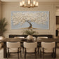 Ivory Arbor artwork displayed above a dining table beneath a chandelier.