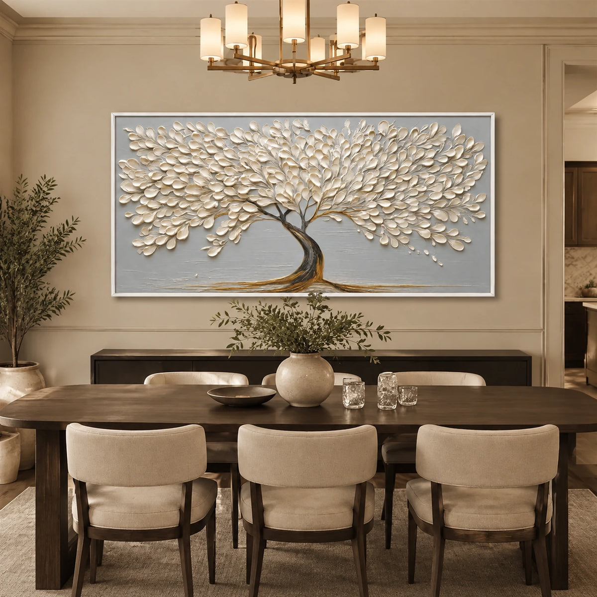 Ivory Arbor artwork displayed above a dining table beneath a chandelier.