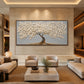 Ivory Arbor artwork displayed above seating in a cream living room.