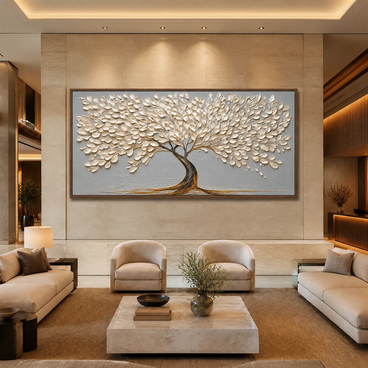Ivory Arbor artwork displayed above seating in a cream living room.