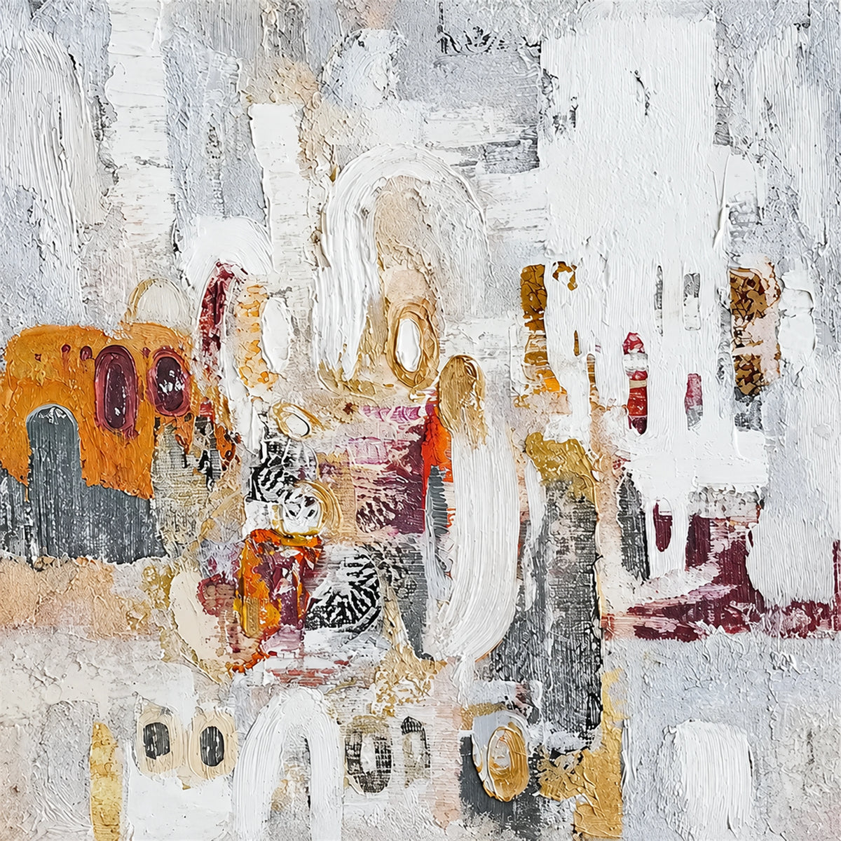 Ochre Palimpsest full artwork. Ochre, burgundy, and charcoal marks surface through layers of pale ivory, suggesting traces of a weathered wall.
