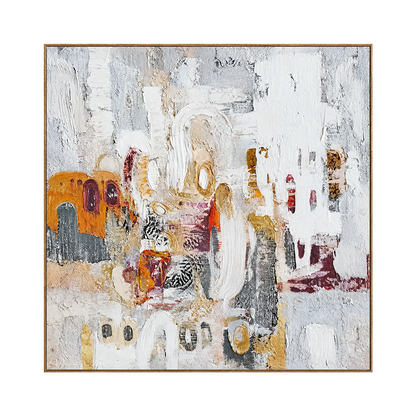 Ochre Palimpsest artwork in a natural wood frame on a transparent background.