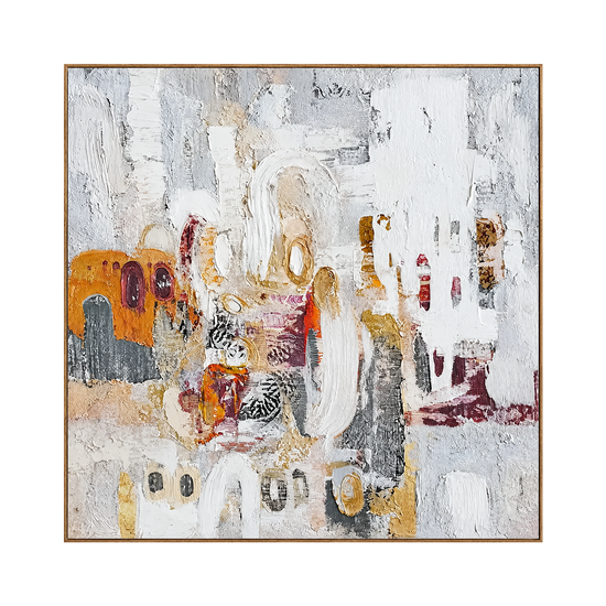 Ochre Palimpsest artwork in a natural wood frame on a transparent background.