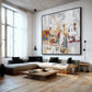 Ochre Palimpsest artwork displayed in a bright loft with a low sectional.