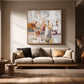 Ochre Palimpsest artwork displayed above a neutral sofa in warm sunlight.