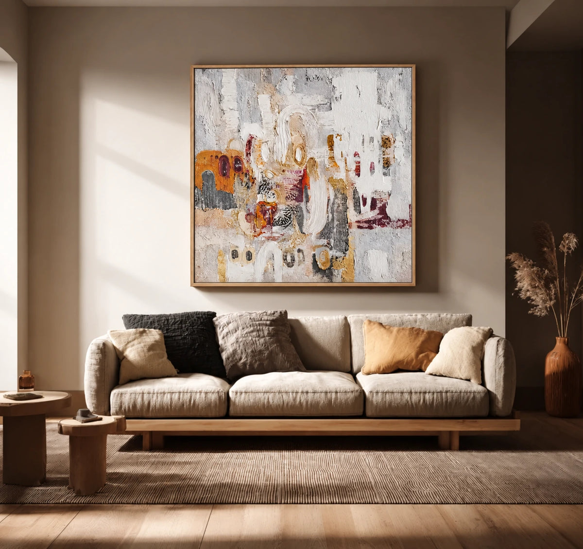Ochre Palimpsest artwork displayed above a neutral sofa in warm sunlight.