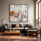 Ochre Palimpsest artwork displayed above a charcoal sectional beside a tall window.