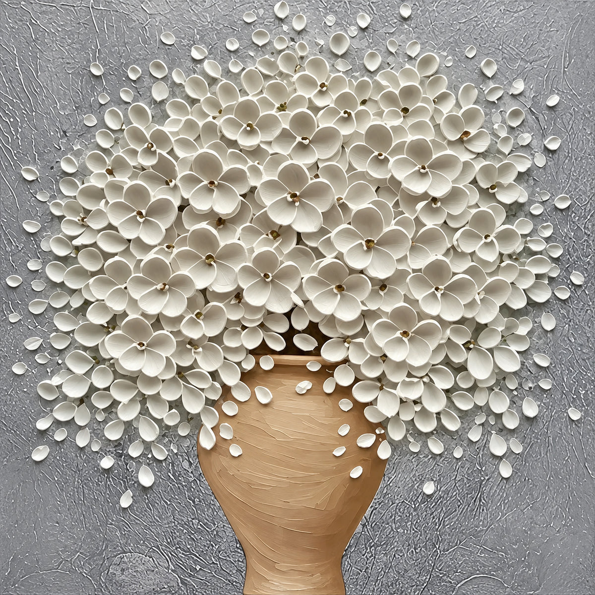 Porcelain Bouquet full artwork. A rounded bouquet of ivory petals rises from a warm earthen vase against a soft gray background.