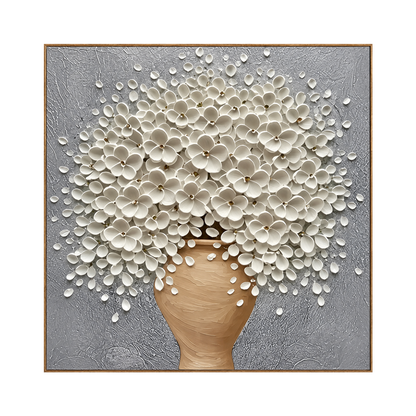 Porcelain Bouquet artwork in a natural wood frame on a transparent background.