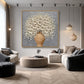 Porcelain Bouquet artwork displayed above curved seating in a bright living room.