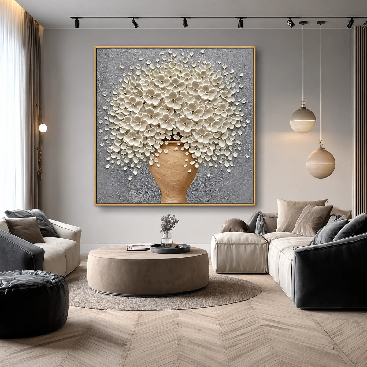 Porcelain Bouquet artwork displayed above curved seating in a bright living room.