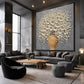 Porcelain Bouquet artwork displayed above dark seating in a tall lounge.