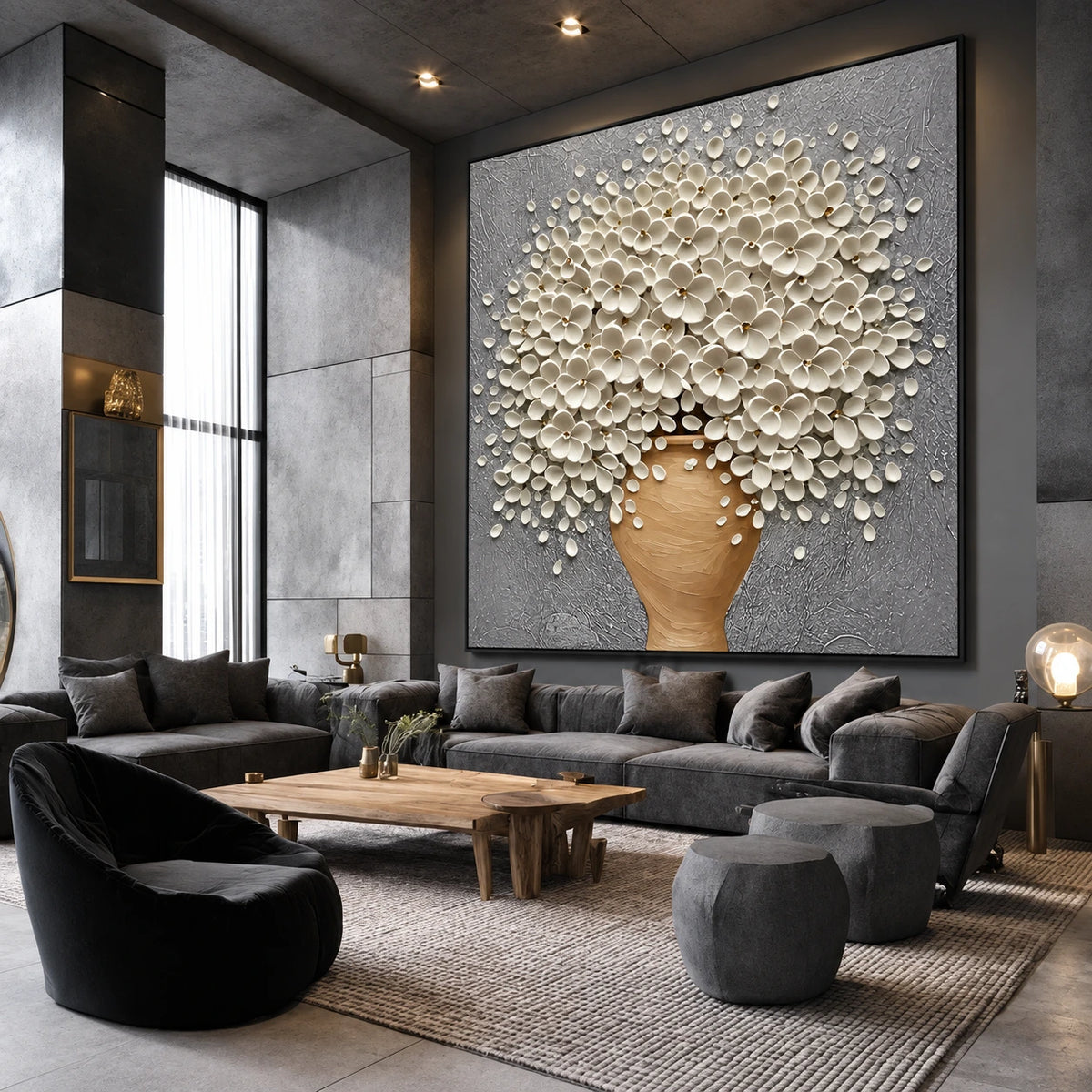 Porcelain Bouquet artwork displayed above dark seating in a tall lounge.