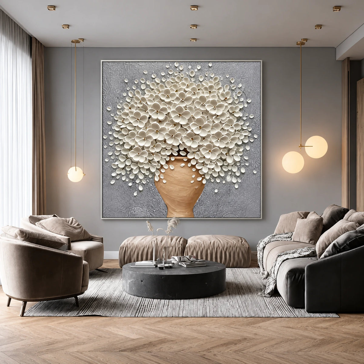 Porcelain Bouquet artwork displayed above curved seating under pendant lights.