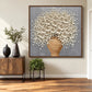 Porcelain Bouquet artwork displayed above a wooden console and indoor plants.