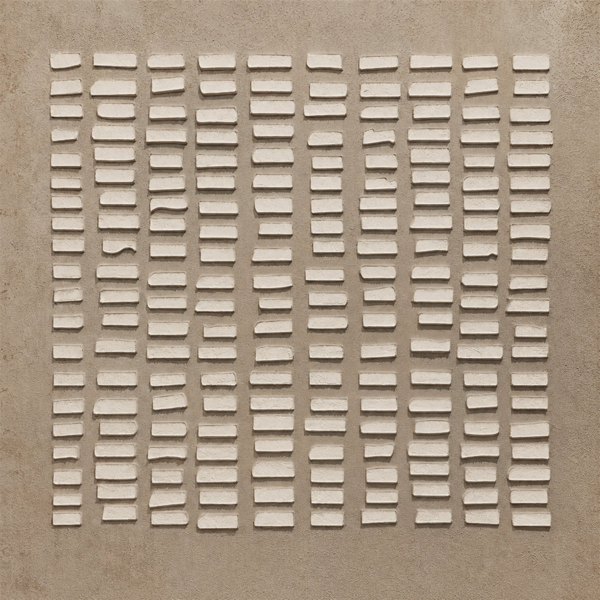 Linen Intervals full artwork. Small raised ivory bars repeat across a warm taupe field, creating an even rhythm of light and shadow.